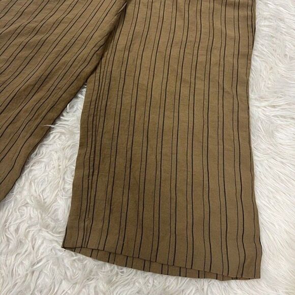 Calvin Klein Linen Brown Pinstriped Elastic Waist Tie Wide Leg Cropped Pants 6 - Picture 12 of 12